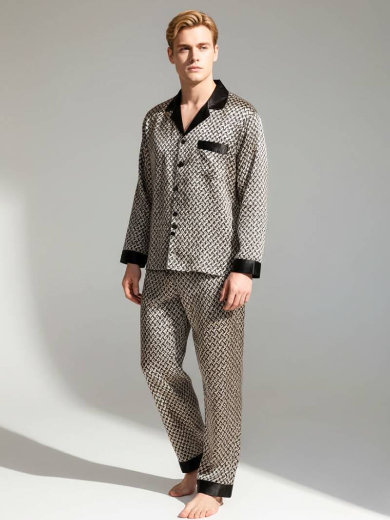 Men’s Silk-Feel Pajama Set – Long Sleeve Satin-Look Sleepwear with Elegant Pattern