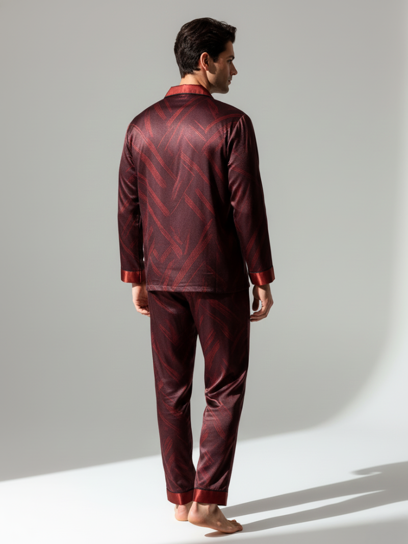 Men’s Silk-Feel Pajama Set – Long Sleeve Satin-Look Sleepwear with Elegant Pattern