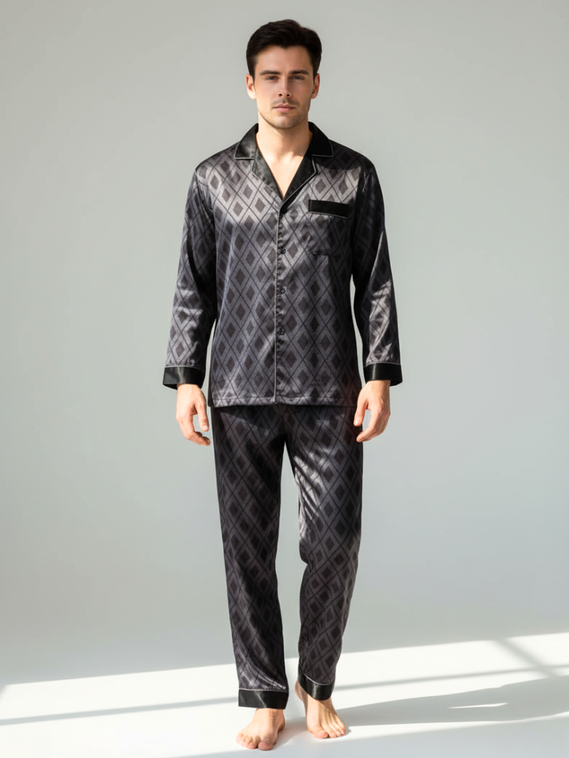 Men’s Silk-Feel Pajama Set – Long Sleeve Satin-Look Sleepwear with Elegant Pattern