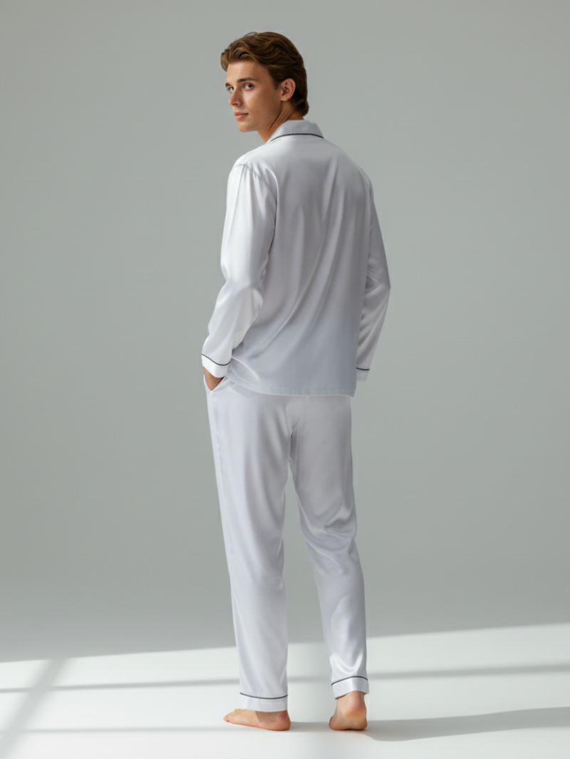 Men's Ice Silk Pajamas – Long Sleeve Pants Set for Spring and Autumn, Casual Summer Silk Suit