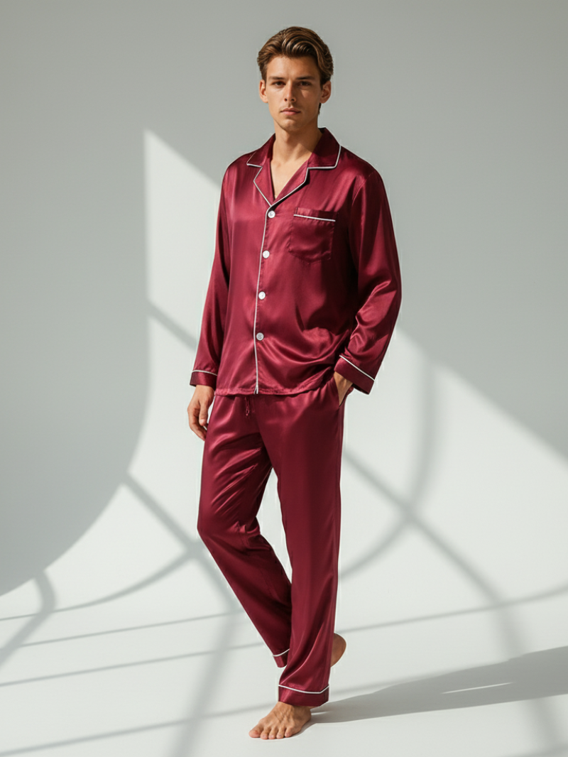 Men's Ice Silk Pajamas – Long Sleeve Pants Set for Spring and Autumn, Casual Summer Silk Suit