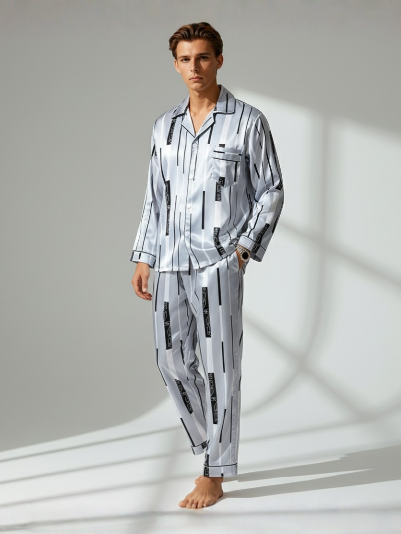 Men's Ice Silk Pajamas – Long Sleeve Pants Set for Spring and Autumn, Casual Summer Silk Suit