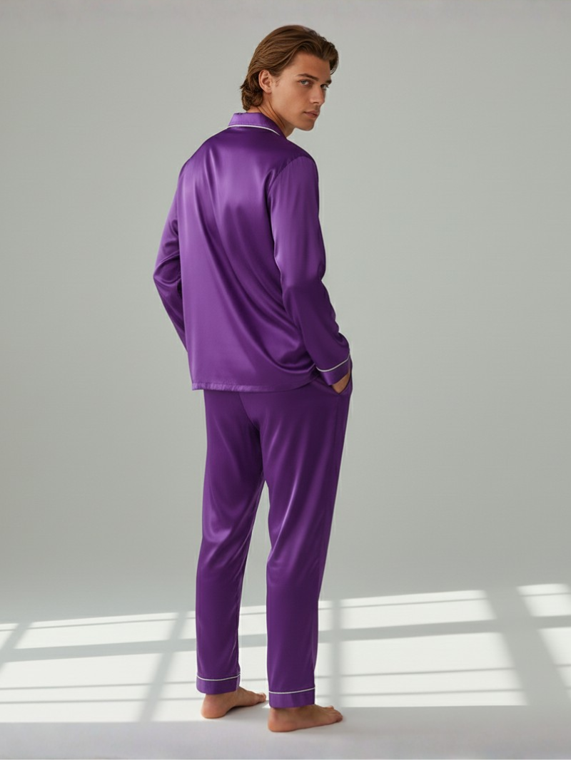 Men's Ice Silk Pajamas – Long Sleeve Pants Set for Spring and Autumn, Casual Summer Silk Suit