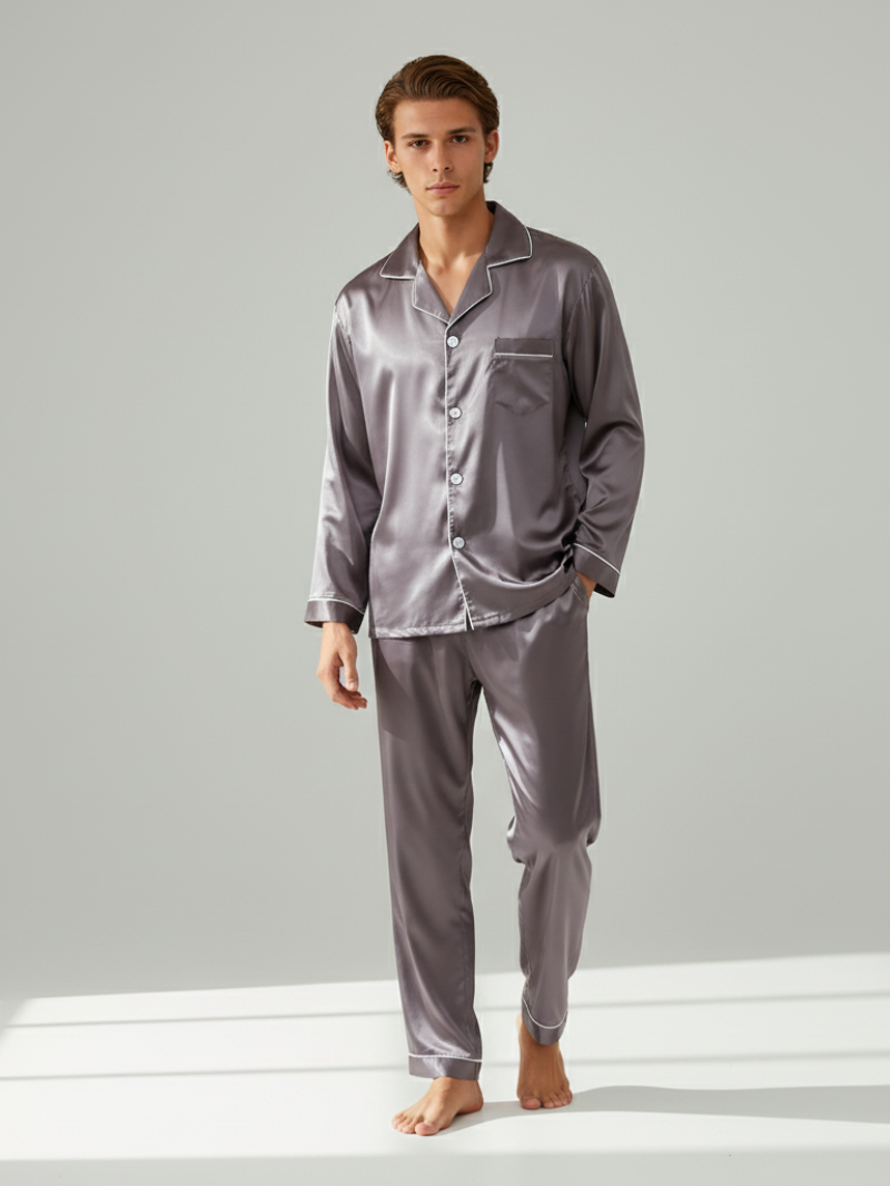 Men's Ice Silk Pajamas – Long Sleeve Pants Set for Spring and Autumn, Casual Summer Silk Suit