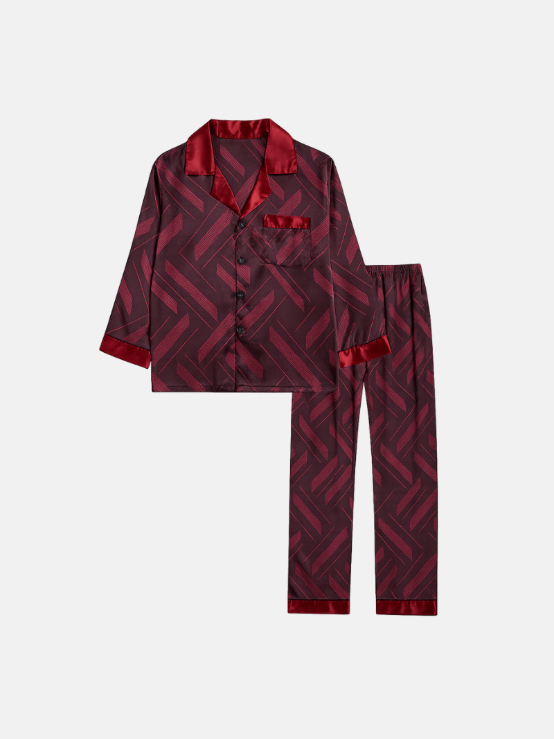 Men’s Silk-Feel Pajama Set – Long Sleeve Satin-Look Sleepwear with Elegant Pattern