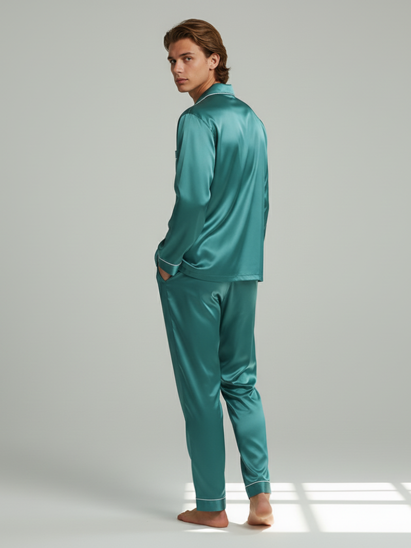 Men's Ice Silk Pajamas – Long Sleeve Pants Set for Spring and Autumn, Casual Summer Silk Suit