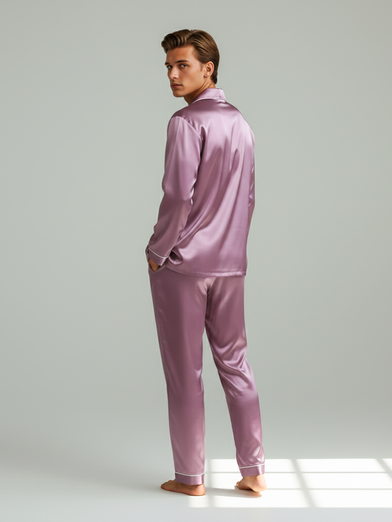 Men's Ice Silk Pajamas – Long Sleeve Pants Set for Spring and Autumn, Casual Summer Silk Suit