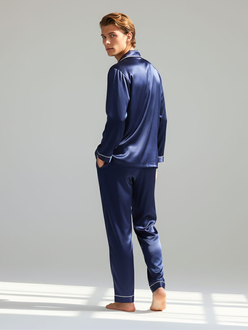 Men's Ice Silk Pajamas – Long Sleeve Pants Set for Spring and Autumn, Casual Summer Silk Suit