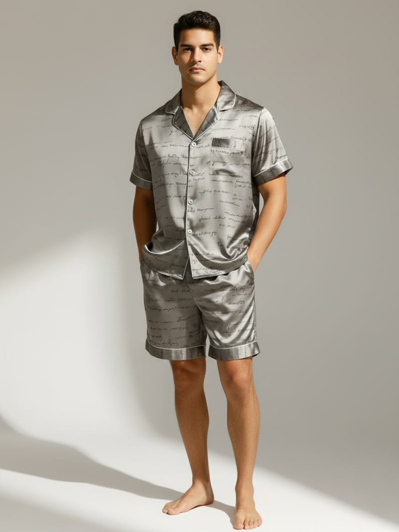Men’s Ice Silk Pajama Set – Short Sleeve Loose Fit Sleepwear & Homewear Suit