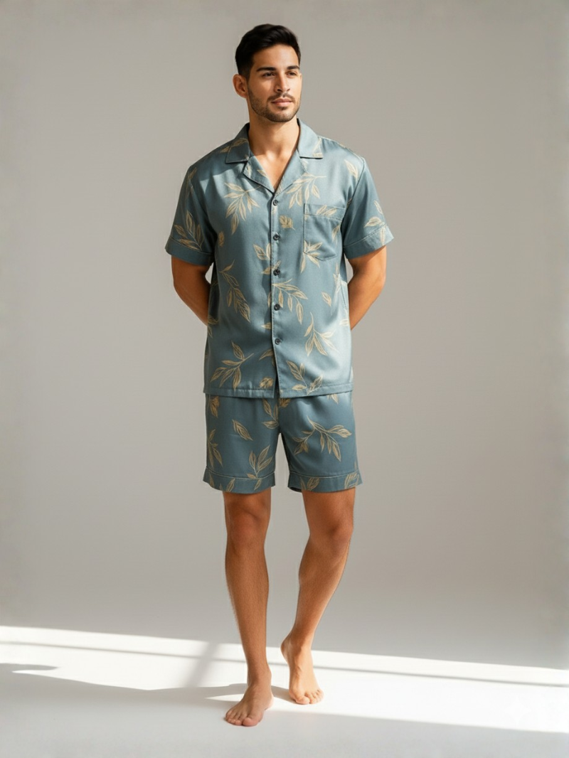 Men’s Ice Silk Pajama Set – Short Sleeve Loose Fit Sleepwear & Homewear Suit