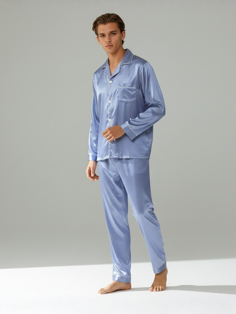 Men's Ice Silk Pajamas – Long Sleeve Pants Set for Spring and Autumn, Casual Summer Silk Suit