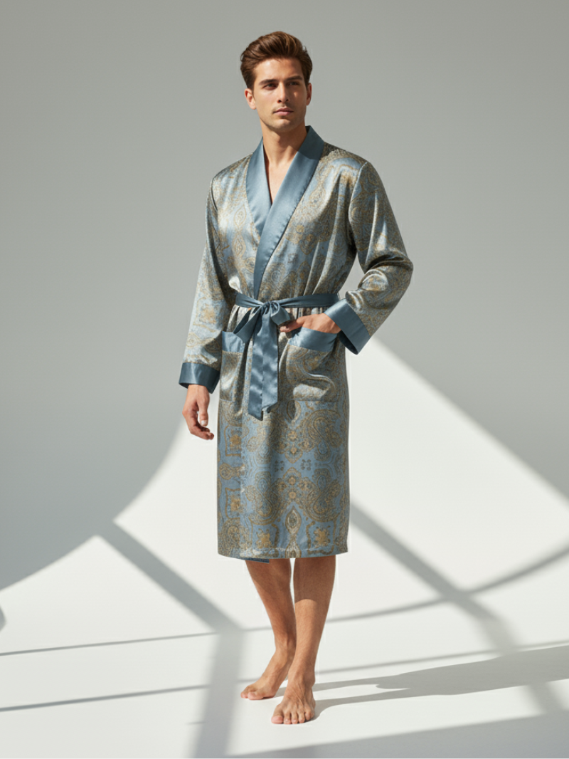 Men’s Silk-Like Robe – Luxurious Paisley Pattern Sleepwear