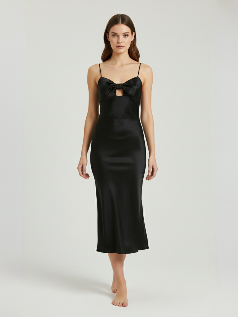 Women's Silk Evening Gown – Elegant Bow Design, Soft & Luxurious Formal Dress