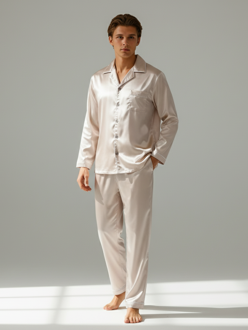 Men's Ice Silk Pajamas – Long Sleeve Pants Set for Spring and Autumn, Casual Summer Silk Suit