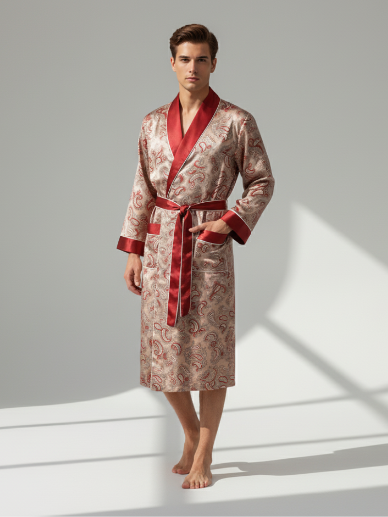 Men’s Silk-Like Robe – Luxurious Paisley Pattern Sleepwear