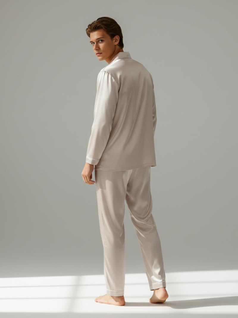 Men's Ice Silk Pajamas – Long Sleeve Pants Set for Spring and Autumn, Casual Summer Silk Suit