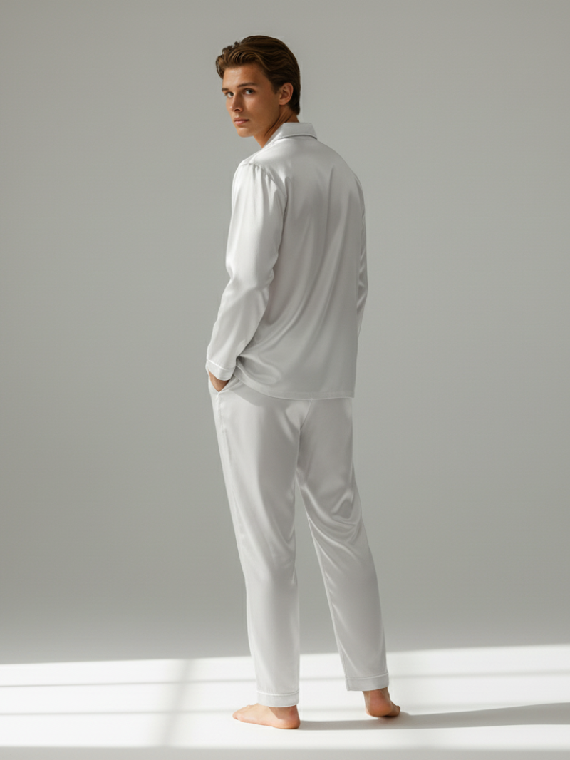 Men's Ice Silk Pajamas – Long Sleeve Pants Set for Spring and Autumn, Casual Summer Silk Suit