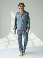 Men's Ice Silk Pajamas – Long Sleeve Pants Set for Spring and Autumn, Casual Summer Silk Suit