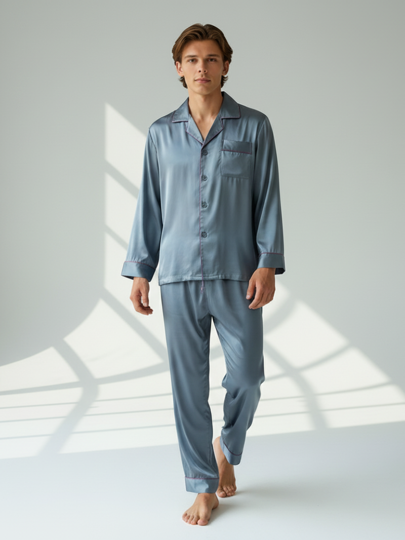 Men's Ice Silk Pajamas – Long Sleeve Pants Set for Spring and Autumn, Casual Summer Silk Suit