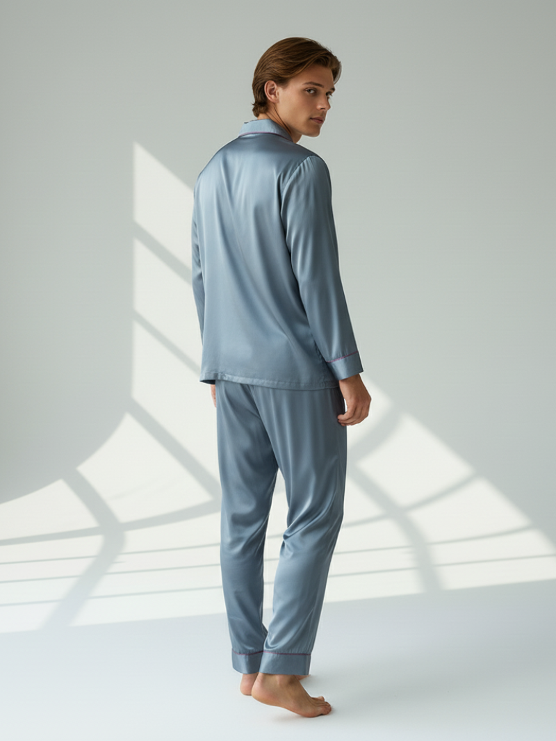 Men's Ice Silk Pajamas – Long Sleeve Pants Set for Spring and Autumn, Casual Summer Silk Suit