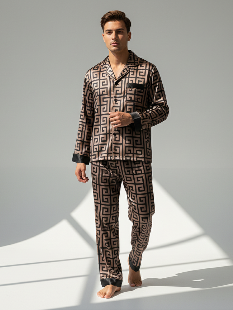 Men’s Silk-Like Pajama Set – Geometric Patterned Sleepwear