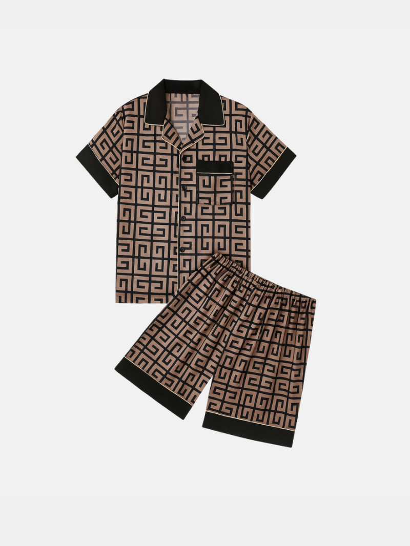 Men’s Silk-Like Pajama Set – Geometric Patterned Sleepwear