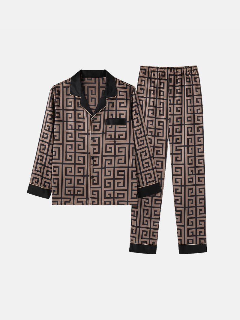 Men’s Silk-Like Pajama Set – Geometric Patterned Sleepwear