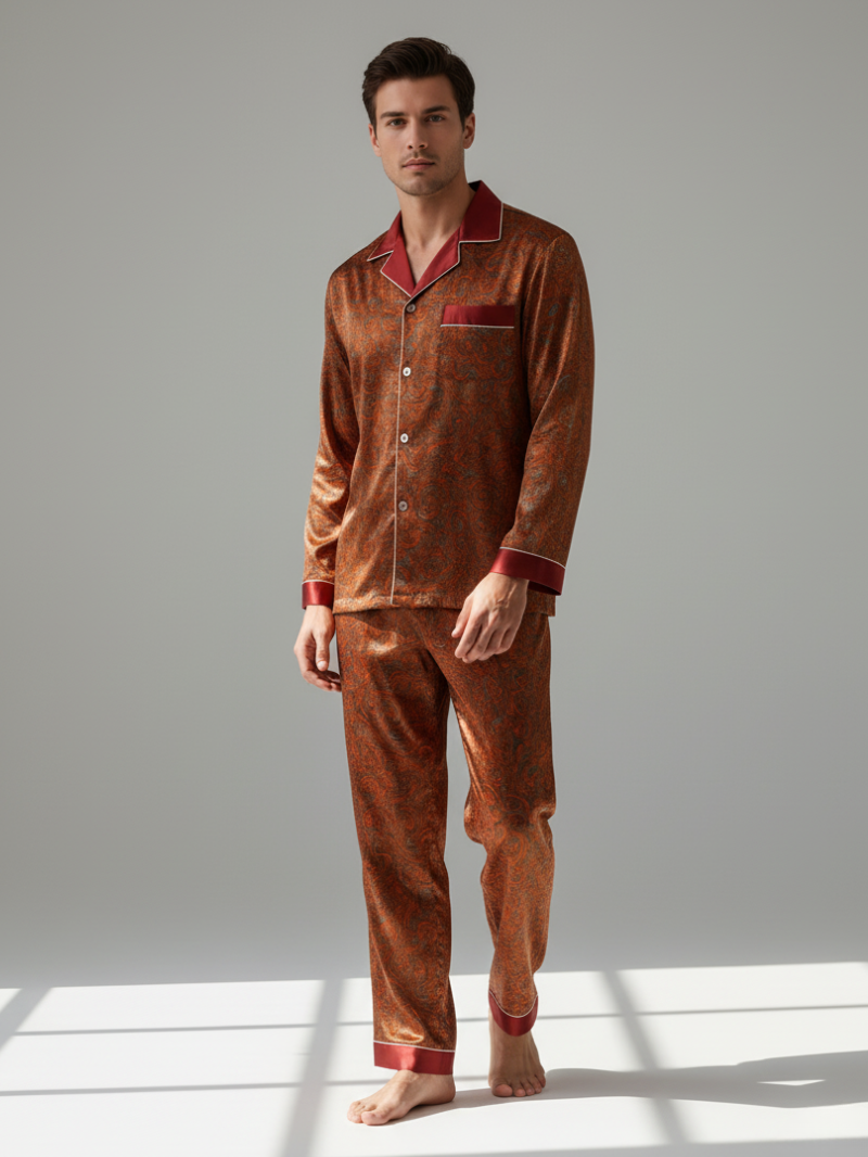 Men’s Silk-Feel Pajama Set – Lightweight Long & Short Sleeve Sleepwear for All Seasons