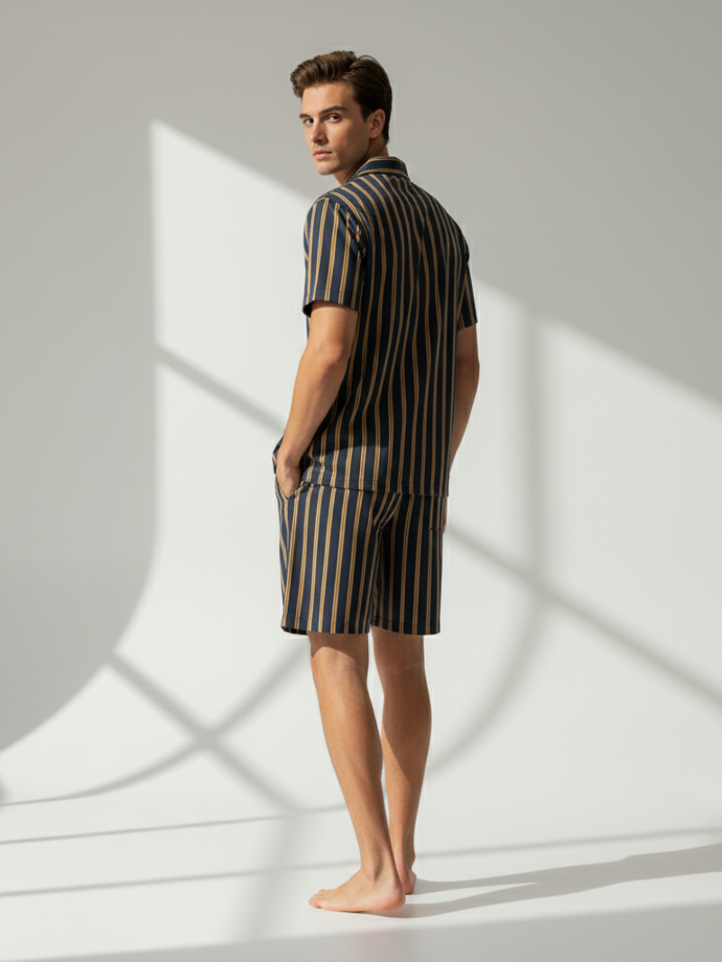 Men’s Reversible Collar Summer Pajama Set – Cool, Breathable, Skin-friendly Shorts and Short Sleeve Top